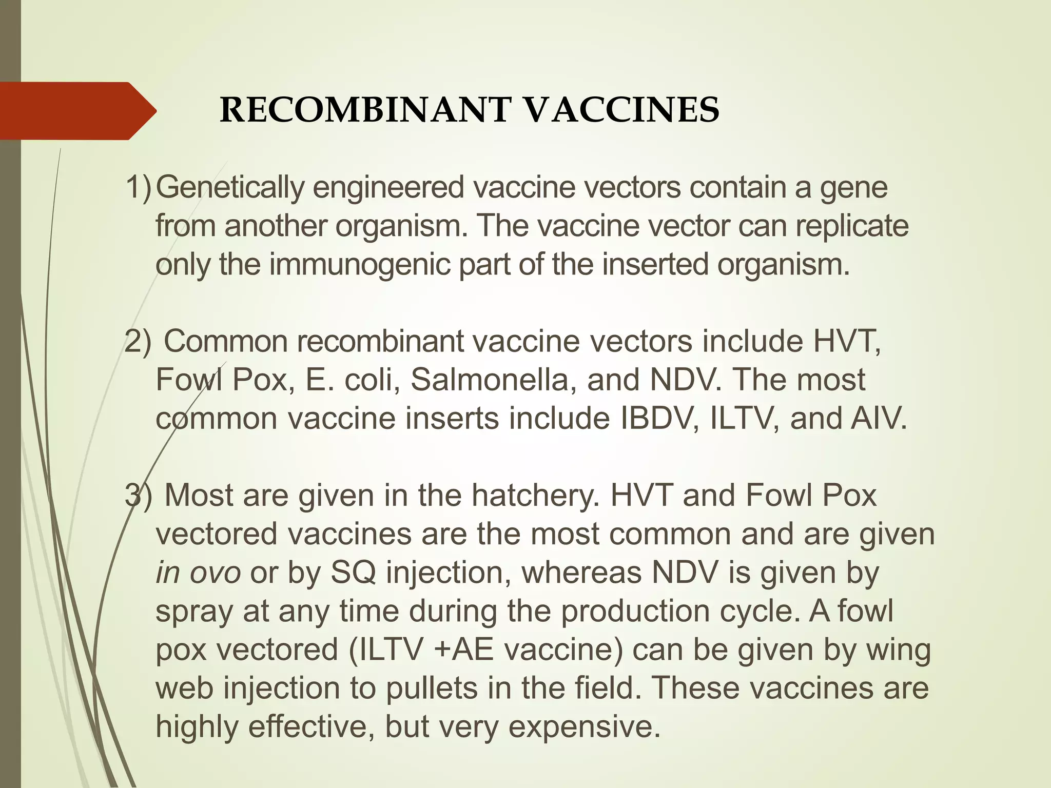 RECOMBINANT VACCINES
1)Genetically engineered vaccine vectors contain a gene
from another organism. The vaccine vector can replicate
only the immunogenic part of the inserted organism.
2) Common recombinant vaccine vectors include HVT,
Fowl Pox, E. coli, Salmonella, and NDV. The most
common vaccine inserts include IBDV, ILTV, and AIV.
3) Most are given in the hatchery. HVT and Fowl Pox
vectored vaccines are the most common and are given
in ovo or by SQ injection, whereas NDV is given by
spray at any time during the production cycle. A fowl
pox vectored (ILTV +AE vaccine) can be given by wing
web injection to pullets in the field. These vaccines are
highly effective, but very expensive.
 