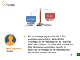 55
Pour chaque pratique médicale, il faut
concevoir un équilibre : d’un côté les
avantages de la vaccination et de l’autre les
effets secondaires possibles. Une mesure est
faite et l’opinion scientifique penche en
faveur des avantages de la vaccination car
les vaccins sauvent des vies.
Stelio Papavesti,
Pédiatre
Avantage
Risque
‘
‘
 