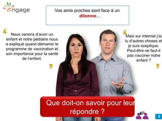 6
Que doit-on savoir pour leur
répondre ?
Mais sur internet j’ai
lu d’autres choses et
je suis sceptique.
Peut-être ne faut-il
pas vacciner notre
enfant ?
Vos amis proches sont face à un
dilemne...
Nous venons d’avoir un
enfant et notre pédiatre nous
a expliqué quand démarrer le
programme de vaccination et
son importance pour la santé
de l’enfant.
 