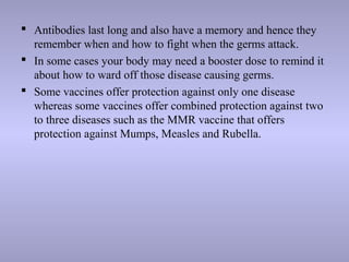  Antibodies last long and also have a memory and hence they
remember when and how to fight when the germs attack.
 In some cases your body may need a booster dose to remind it
about how to ward off those disease causing germs.
 Some vaccines offer protection against only one disease
whereas some vaccines offer combined protection against two
to three diseases such as the MMR vaccine that offers
protection against Mumps, Measles and Rubella.
 
