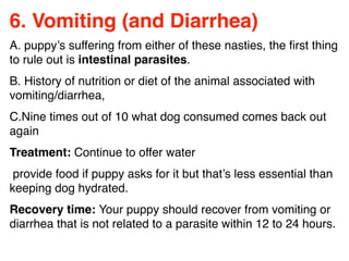 6. Vomiting (and Diarrhea)
A. puppy’s suffering from either of these nasties, the ﬁrst thing
to rule out is intestinal parasites.
B. History of nutrition or diet of the animal associated with
vomiting/diarrhea,
C.Nine times out of 10 what dog consumed comes back out
again
Treatment: Continue to offer water
provide food if puppy asks for it but that’s less essential than
keeping dog hydrated.
Recovery time: Your puppy should recover from vomiting or
diarrhea that is not related to a parasite within 12 to 24 hours.
 