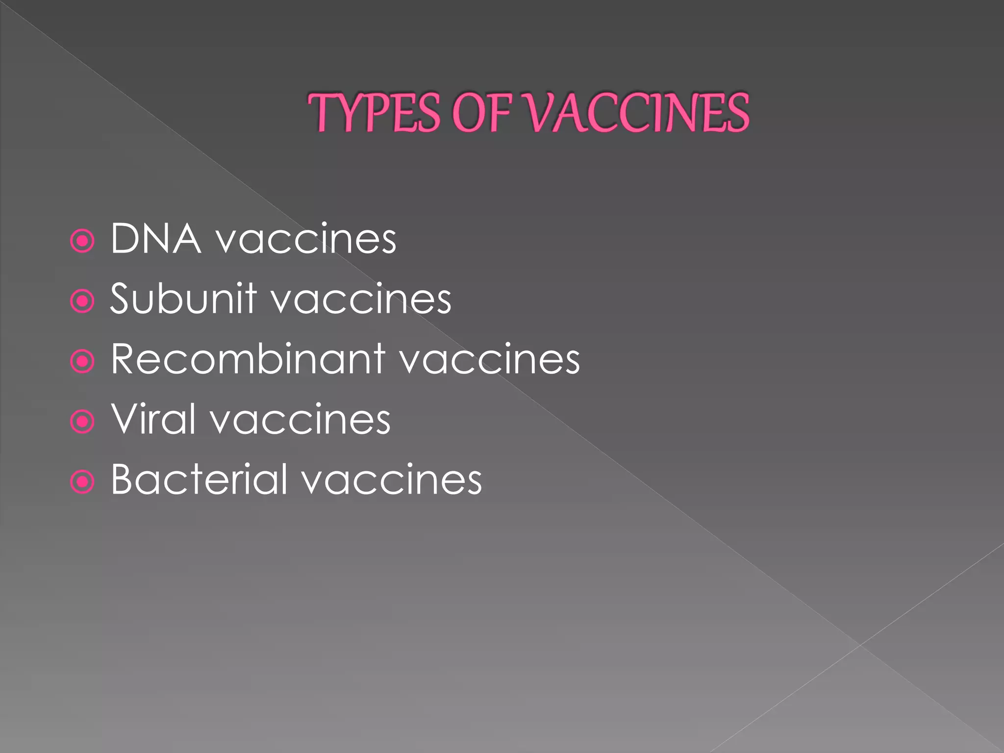  DNA vaccines
 Subunit vaccines
 Recombinant vaccines
 Viral vaccines
 Bacterial vaccines
 