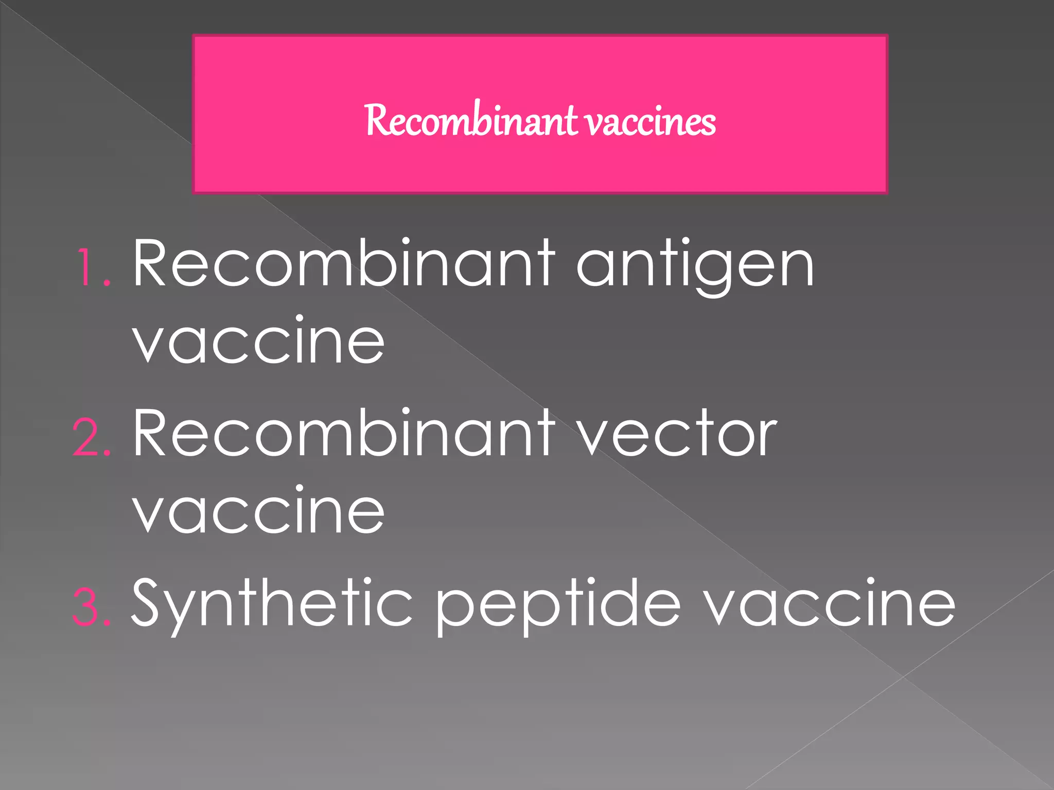 1. Recombinant antigen
vaccine
2. Recombinant vector
vaccine
3. Synthetic peptide vaccine
Recombinant vaccines
 