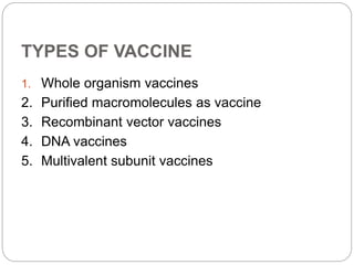 TYPES OF VACCINE
1. Whole organism vaccines
2. Purified macromolecules as vaccine
3. Recombinant vector vaccines
4. DNA vaccines
5. Multivalent subunit vaccines
 