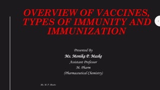 OVERVIEW OF VACCINES,
TYPES OF IMMUNITY AND
IMMUNIZATION
Presented By
Ms. Monika P. Maske
Assistant Professor
M. Pharm
(Pharmaceutical Chemistry)
Ms. M. P. Maske
1
 