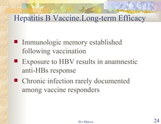 Hepatitis B Vaccine.Long-term Efficacy Immunologic memory established following vaccination Exposure to HBV results in anamnestic anti-HBs response Chronic infection rarely documented among vaccine responders 