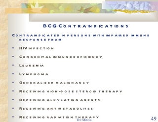 BCG Contraindications Contraindicated in persons with impaired immune response from HIV infection Congenital immunodeficiency Leukemia Lymphoma Generalized malignancy Receiving high-dose steroid therapy Receiving alkylating agents Receiving antimetabolites Receiving radiation therapy 