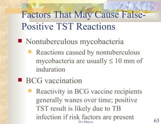 Factors That May Cause False-Positive TST Reactions Nontuberculous mycobacteria Reactions caused by nontuberculous  mycobacteria are usually    10 mm of induration BCG vaccination Reactivity in BCG vaccine recipients generally wanes over time; positive TST result is likely due to TB infection if risk factors are present 