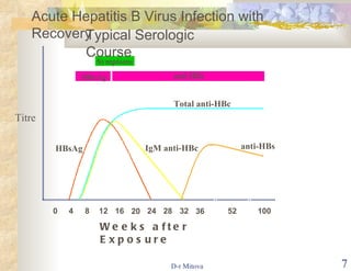 Symptoms HBeAg anti-HBe Total anti-HBc IgM anti-HBc anti-HBs HBsAg 0 4 8 12 16 20 24 28 32 36 52 100 Acute Hepatitis B Virus Infection with Recovery Typical Serologic Course Weeks after Exposure Titre 