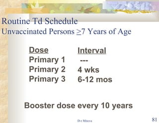 Routine Td Schedule Unvaccinated Persons  > 7 Years of Age Booster dose every 10 years Dose Primary 1 Primary 2 Primary 3 Interval --- 4 wks 6-12 mos 