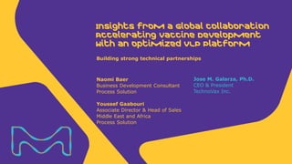 Merck KGaA
Darmstadt, Germany
Naomi Baer
Business Development Consultant
Process Solution
Youssef Gaabouri
Associate Director & Head of Sales
Middle East and Africa
Process Solution
Building strong technical partnerships
Insights from a Global Collaboration
Accelerating Vaccine Development
with an Optimized VLP Platform
Jose M. Galarza, Ph.D.
CEO & President
TechnoVax Inc.
 