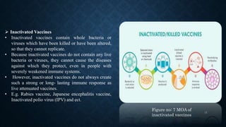  Inactivated Vaccines
• Inactivated vaccines contain whole bacteria or
viruses which have been killed or have been altere...