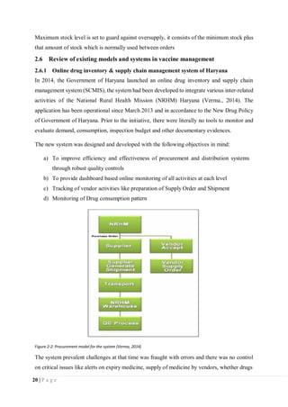 20 | P a g e
Maximum stock level is set to guard against oversupply, it consists of the minimum stock plus
that amount of stock which is normally used between orders
2.6 Review of existing models and systems in vaccine management
2.6.1 Online drug inventory & supply chain management system of Haryana
In 2014, the Government of Haryana launched an online drug inventory and supply chain
management system (SCMIS), the system had been developed to integrate various inter-related
activities of the National Rural Health Mission (NRHM) Haryana (Verma., 2014). The
application has been operational since March 2013 and in accordance to the New Drug Policy
of Government of Haryana. Prior to the initiative, there were literally no tools to monitor and
evaluate demand, consumption, inspection budget and other documentary evidences.
The new system was designed and developed with the following objectives in mind:
a) To improve efficiency and effectiveness of procurement and distribution systems
through robust quality controls
b) To provide dashboard based online monitoring of all activities at each level
c) Tracking of vendor activities like preparation of Supply Order and Shipment
d) Monitoring of Drug consumption pattern
Figure 2-2: Procurement model for the system (Verma, 2014)
The system prevalent challenges at that time was fraught with errors and there was no control
on critical issues like alerts on expiry medicine, supply of medicine by vendors, whether drugs
 