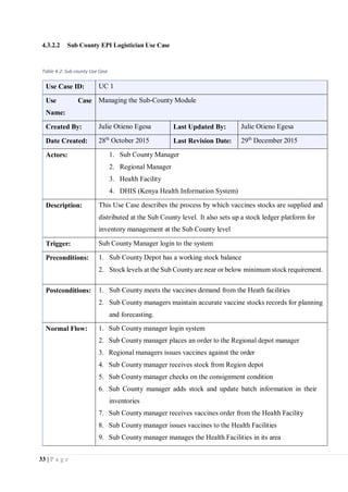 33 | P a g e
4.3.2.2 Sub County EPI Logistician Use Case
Table 4-2: Sub county Use Case
Use Case ID: UC 1
Use Case
Name:
Managing the Sub-County Module
Created By: Julie Otieno Egesa Last Updated By: Julie Otieno Egesa
Date Created: 28th
October 2015 Last Revision Date: 29th
December 2015
Actors: 1. Sub County Manager
2. Regional Manager
3. Health Facility
4. DHIS (Kenya Health Information System)
Description: This Use Case describes the process by which vaccines stocks are supplied and
distributed at the Sub County level. It also sets up a stock ledger platform for
inventory management at the Sub County level
Trigger: Sub County Manager login to the system
Preconditions: 1. Sub County Depot has a working stock balance
2. Stock levels at the Sub Countyare near or below minimum stock requirement.
Postconditions: 1. Sub County meets the vaccines demand from the Heath facilities
2. Sub County managers maintain accurate vaccine stocks records for planning
and forecasting.
Normal Flow: 1. Sub County manager login system
2. Sub County manager places an order to the Regional depot manager
3. Regional managers issues vaccines against the order
4. Sub County manager receives stock from Region depot
5. Sub County manager checks on the consignment condition
6. Sub County manager adds stock and update batch information in their
inventories
7. Sub County manager receives vaccines order from the Health Facility
8. Sub County manager issues vaccines to the Health Facilities
9. Sub County manager manages the Health Facilities in its area
 