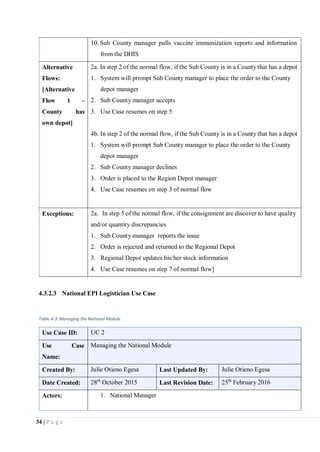 34 | P a g e
10. Sub County manager pulls vaccine immunization reports and information
from the DHIS
Alternative
Flows:
[Alternative
Flow 1 –
County has
own depot]
2a. In step 2 of the normal flow, if the Sub County is in a County that has a depot
1. System will prompt Sub County manager to place the order to the County
depot manager
2. Sub County manager accepts
3. Use Case resumes on step 5
4b. In step 2 of the normal flow, if the Sub County is in a County that has a depot
1. System will prompt Sub County manager to place the order to the County
depot manager
2. Sub County manager declines
3. Order is placed to the Region Depot manager
4. Use Case resumes on step 3 of normal flow
Exceptions: 2a. In step 5 of the normal flow, if the consignment are discover to have quality
and/or quantity discrepancies
1. Sub County manager reports the issue
2. Order is rejected and returned to the Regional Depot
3. Regional Depot updates his/her stock information
4. Use Case resumes on step 7 of normal flow]
4.3.2.3 National EPI Logistician Use Case
Table 4-3: Managing the National Module
Use Case ID: UC 2
Use Case
Name:
Managing the National Module
Created By: Julie Otieno Egesa Last Updated By: Julie Otieno Egesa
Date Created: 28th
October 2015 Last Revision Date: 25th
February 2016
Actors: 1. National Manager
 