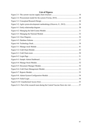 vii
List of Figures
Figure 2-1: The current vaccine supply chain structure........................................................ 18
Figure 2-2: Procurement model for the system (Verma, 2014)............................................. 20
Figure 3-1: Conceptual Research Design ............................................................................. 24
Figure 3-2: Agile system development methodology (Elezovic, E., 2012)............................ 26
Figure 4-1: Entity relationship diagram ............................................................................... 30
Figure 4-2: Managing the Sub-County Module.................................................................... 31
Figure 4-3: Managing the National Module ......................................................................... 32
Figure 4-4: Class Diagram................................................................................................... 36
Figure 4-5: Database Schema .............................................................................................. 37
Figure 4-6: Technology Stack.............................................................................................. 38
Figure 5-1: Manage stock Module ....................................................................................... 41
Figure 5-2: Cold Chain Module........................................................................................... 42
Figure 8-1: Cold Chain room............................................................................................... 50
Figure 8-2: Login Page........................................................................................................ 51
Figure 8-3: Sample Admin Dashboard................................................................................. 51
Figure 8-4: Manage Stock Module....................................................................................... 52
Figure 8-5: Document Manager Module.............................................................................. 52
Figure 8-6: Cold Chain Management Module...................................................................... 53
Figure 8-7: Reports Module................................................................................................. 53
Figure 8-8: Admin System Configuration Module ............................................................... 54
Figure 8-9: Failed Login...................................................................................................... 54
Figure 8-10: Unauthorized Access Error.............................................................................. 55
Figure 8-11: Part of the research team during the Central Vaccine Store site visit ................ 57
 