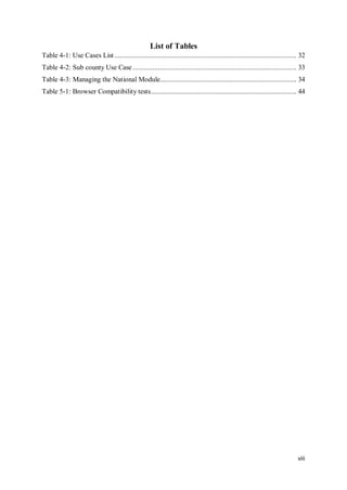 viii
List of Tables
Table 4-1: Use Cases List .................................................................................................... 32
Table 4-2: Sub county Use Case .......................................................................................... 33
Table 4-3: Managing the National Module........................................................................... 34
Table 5-1: Browser Compatibility tests................................................................................ 44
 