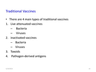 Traditional Vaccines
• There are 4 main types of traditional vaccines
1. Live attenuated vaccines
– Bacteria
– Viruses
2. inactivated vaccines
– Bacteria
– Viruses
3. Toxoids
4. Pathogen-derived antigens
5/19/2023 14
 
