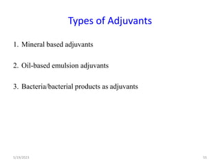 Types of Adjuvants
1. Mineral based adjuvants
2. Oil-based emulsion adjuvants
3. Bacteria/bacterial products as adjuvants
5/19/2023 55
 