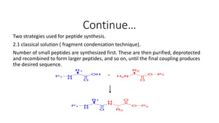 Continue…
Two strategies used for peptide synthesis.
2.1 classical solution ( fragment condensation technique).
Number of small peptides are synthesized first. These are then purified, deprotected
and recombined to form larger peptides, and so on, until the final coupling produces
the desired sequence.
 