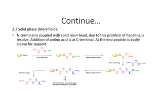 Continue…
2.2 Solid phase (Merrifield).
• N-terminal is coupled with solid resin bead, due to this problem of handling is
resolve. Addition of amino acid is at C-terminal. At the end peptide is easily
cleave for support.
 