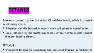 TETANUS
Tetanus is caused by the bacterium Clostridium tetani, which is present
in soil everywhere.
 Infection with this bacterium occurs when soil enters a wound or cut.
 Toxin released by the bacterium causes severe painful muscle spasms
that can lead to death.
TETANUS
 Neonatal tetanus (in newborns) and maternal tetanus (in mothers) is
 