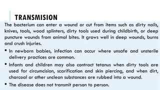 TRANSMISION
The bacterium can enter a wound or cut from items such as dirty nails,
knives, tools, wood splinters, dirty tools used during childbirth, or deep
puncture wounds from animal bites. It grows well in deep wounds, burns
and crush injuries.
 In newborn babies, infection can occur where unsafe and unsterile
delivery practices are common.
 Infants and children may also contract tetanus when dirty tools are
used for circumcision, scarification and skin piercing, and when dirt,
charcoal or other unclean substances are rubbed into a wound.
 The disease does not transmit person to person.
 