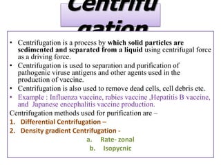 Centrifu
                   gation
• Centrifugation is a process by which solid particles are
  sedimented and separated from a liquid using centrifugal force
  as a driving force.
• Centrifugation is used to separation and purification of
  pathogenic viruse antigens and other agents used in the
  production of vaccine.
• Centrifugation is also used to remove dead cells, cell debris etc.
• Example : Influenza vaccine, rabies vaccine ,Hepatitis B vaccine,
  and Japanese encephalitis vaccine production.
Centrifugation methods used for purification are –
1. Differential Centrifugation –
2. Density gradient Centrifugation -
                          a. Rate- zonal
                           b. Isopycnic
 