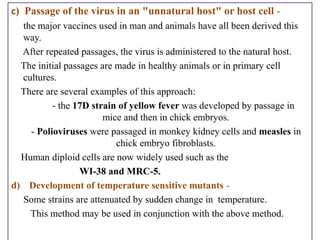 c) Passage of the virus in an "unnatural host" or host cell -
  the major vaccines used in man and animals have all been derived this
  way.
  After repeated passages, the virus is administered to the natural host.
  The initial passages are made in healthy animals or in primary cell
  cultures.
  There are several examples of this approach:
          - the 17D strain of yellow fever was developed by passage in
                        mice and then in chick embryos.
    - Polioviruses were passaged in monkey kidney cells and measles in
                           chick embryo fibroblasts.
  Human diploid cells are now widely used such as the
                  WI-38 and MRC-5.
d) Development of temperature sensitive mutants -
  Some strains are attenuated by sudden change in temperature.
    This method may be used in conjunction with the above method.
 