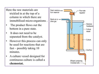 Here the raw materials are
  trickled in at the top of a
  column in which there are
  immobilised micro-organisms .
• The product flows out the
  bottom in a pure state.
• It does not need to be
  separated from the catalyst.
• However this process can only
  be used for reactions that are
  fast – possibly taking 10
  minutes.
• A culture vessel designed for
  continuous culture is called a
  chemostat.
 