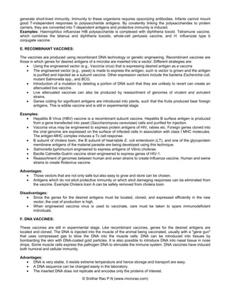 generate short-lived immunity. Immunity to these organisms requires opsonizing antibodies. Infants cannot mount
good T-independent responses to polysaccharide antigens. By covalently linking the polysaccharides to protein
carriers, they are converted into T-dependent antigens and protective immunity is induced.
Examples: Haemophilus influenzae HiB polysaccharide is complexed with diphtheria toxoid. Tetramune vaccine,
which combines the tetanus and diphtheria toxoids, whole-cell pertussis vaccine, and H. influenzae type b
conjugate vaccine.
E. RECOMBINANT VACCINES:
The vaccines are produced using recombinant DNA technology or genetic engineering. Recombinant vaccines are
those in which genes for desired antigens of a microbe are inserted into a vector. Different strategies are:
• Using the engineered vector (e.g., Vaccinia virus) that is expressing desired antigen as a vaccine
• The engineered vector (e.g., yeast) is made to express the antigen, such is vector is grown and the antigen
is purified and injected as a subunit vaccine. Other expression vectors include the bacteria Escherichia coli,
mutant Salmonella spp., and BCG.
• Introduction of a mutation by deleting a portion of DNA such that they are unlikely to revert can create an
attenuated live vaccine.
• Live attenuated vaccines can also be produced by reassortment of genomes of virulent and avirulent
strains.
• Genes coding for significant antigens are introduced into plants, such that the fruits produced bear foreign
antigens. This is edible vaccine and is still in experimental stage.
Examples:
• Hepatitis B Virus (HBV) vaccine is a recombinant subunit vaccine. Hepatitis B surface antigen is produced
from a gene transfected into yeast (Saccharomyces cerevisiae) cells and purified for injection.
• Vaccinia virus may be engineered to express protein antigens of HIV, rabies etc. Foreign genes cloned into
the viral genome are expressed on the surface of infected cells in association with class I MHC molecules.
The antigen-MHC complex induces a Tc cell response.
• B subunit of cholera toxin, the B subunit of heat-labile E. coli enterotoxin (LT), and one of the glycoprotein
membrane antigens of the malarial parasite are being developed using this technique.
• Salmonella typhimurium engineered to express antigens of Vibrio cholerae.
• Bacille Calmette-Guérin vaccine strain engineered to express genes of HIV-1.
• Reassortment of genomes between human and avian strains to create Influenza vaccine. Human and swine
strains to create Rotavirus vaccine.
Advantages:
• Those vectors that are not only safe but also easy to grow and store can be chosen.
• Antigens which do not elicit protective immunity or which elicit damaging responses can be eliminated from
the vaccine. Example Cholera toxin A can be safely removed from cholera toxin.
Disadvantages:
• Since the genes for the desired antigens must be located, cloned, and expressed efficiently in the new
vector, the cost of production is high.
• When engineered vaccinia virus is used to vaccinate, care must be taken to spare immunodeficient
individuals.
F. DNA VACCINES:
These vaccines are still in experimental stage. Like recombinant vaccines, genes for the desired antigens are
located and cloned. The DNA is injected into the muscle of the animal being vaccinated, usually with a "gene gun"
that uses compressed gas to blow the DNA into the muscle cells. DNA can be introduced into tissues by
bombarding the skin with DNA-coated gold particles. It is also possible to introduce DNA into nasal tissue in nose
drops. Some muscle cells express the pathogen DNA to stimulate the immune system. DNA vaccines have induced
both humoral and cellular immunity.
Advantages:
• DNA is very stable, it resists extreme temperature and hence storage and transport are easy.
• A DNA sequence can be changed easily in the laboratory.
• The inserted DNA does not replicate and encodes only the proteins of interest.
© Sridhar Rao P.N (www.microrao.com)

 