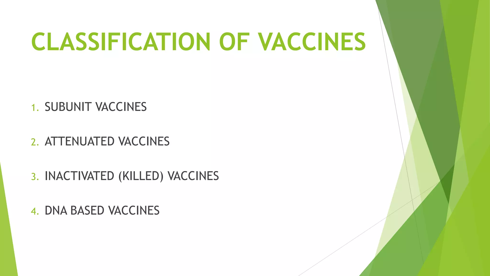 CLASSIFICATION OF VACCINES
1. SUBUNIT VACCINES
2. ATTENUATED VACCINES
3. INACTIVATED (KILLED) VACCINES
4. DNA BASED VACCINES
 