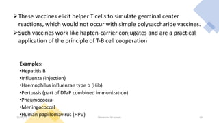 Examples:
•Hepatitis B
•Influenza (injection)
•Haemophilus influenzae type b (Hib)
•Pertussis (part of DTaP combined immunization)
•Pneumococcal
•Meningococcal
•Human papillomavirus (HPV)
ØThese vaccines elicit helper T cells to simulate germinal center
reactions, which would not occur with simple polysaccharide vaccines.
ØSuch vaccines work like hapten-carrier conjugates and are a practical
application of the principle of T-B cell cooperation
11/05/21 Maneesha M Joseph 10
 