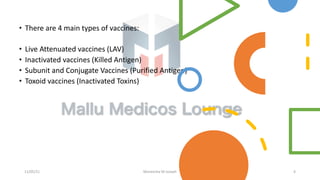 • There are 4 main types of vaccines:
• Live Attenuated vaccines (LAV)
• Inactivated vaccines (Killed Antigen)
• Subunit and Conjugate Vaccines (Purified Antigen)
• Toxoid vaccines (Inactivated Toxins)
11/05/21 Maneesha M Joseph 4
 