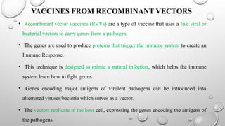 VACCINES FROM RECOMBINANT VECTORS
• Recombinant vector vaccines (RVVs) are a type of vaccine that uses a live viral or
bacterial vectors to carry genes from a pathogen.
• The genes are used to produce proteins that trigger the immune system to create an
Immune Response.
• This technique is designed to mimic a natural infection, which helps the immune
system learn how to fight germs.
• Genes encoding major antigens of virulent pathogens can be introduced into
alternated viruses/bacteria which serves as a vector.
• The vectors replicate in the host cell, expressing the genes encoding the antigens of
the pathogens.
 