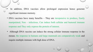 • In addition, DNA vaccines allow prolonged expression hence generate
significant immune memory.
• DNA vaccines have many benefits – They are inexpensive to produce, Easily
manipulated, Non – infectious, Can induce both cellular and humoral immune
response and They only express the protein of interest.
• Although DNA vaccine can induce the strong cellular immune response in the
mouse, the response in humans and large mammals are comparatively weak and
require multiple immune with high dose of DNA.
 