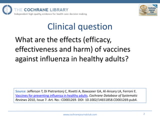 Clinical question
What are the effects (efficacy,
effectiveness and harm) of vaccines
against influenza in healthy adults?...