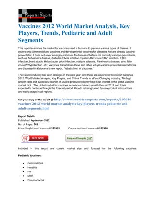 Vaccines 2012 World Market Analysis, Key
Players, Trends, Pediatric and Adult
Segments
This report examines the market for vaccines used in humans to previous various types of disease. It
covers only commercialized vaccines and developmental vaccines for diseases that are already vaccine-
preventable; it does not cover emerging vaccines for diseases that are not currently vaccine-preventable,
such as Alzheimer’s disease, diabetes, Ebola infection, Epstein-Barr virus (EBV) infection, ETEC
infection, heart attach, Helicobacter pylori infection, multiple sclerosis, Parkinson’s disease, West Nile
virus (WNV) infection, etc.; vaccines that address these and other not-yet-vaccine-preventable conditions
are discussed in Kalorama’s new report, “What's Next in Vaccines.”

The vaccine industry has seen changes in the past year, and these are covered in this report Vaccines
2012: World Market Analysis, Key Players, and Critical Trends in a Fast-Changing Industry. The high
growth rates and successful launch of several products recently have kept interest in the global vaccine
market high. The global market for vaccines experienced strong growth through 2011 and this is
expected to continue through the forecast period. Growth is being fueled by new product introductions
and rising usage in all regions.


Get your copy of this report @ http://www.reportsnreports.com/reports/195649-
vaccines-2012-world-market-analysis-key-players-trends-pediatric-and-
adult-segments.html

Report Details:
Published: September 2012
No. of Pages: 249
Price: Single User License – US$3995         Corporate User License – US$7990




Included in this report are current market size and forecast for the following vaccines:

Pediatric Vaccines:


       Combinations
       Hepatitis
       HIB
       MMR
       Pneumococcal
 