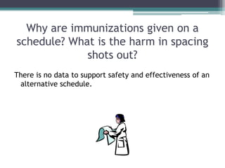 Why are immunizations given on a
schedule? What is the harm in spacing
             shots out?
There is no data to support safety and effectiveness of an
 alternative schedule.
 