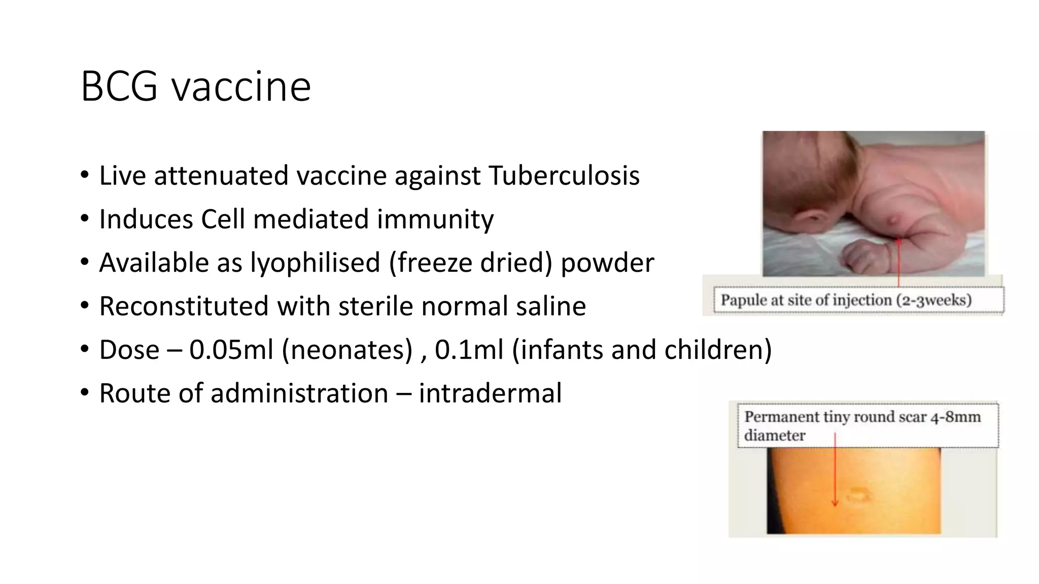 BCG vaccine
• Live attenuated vaccine against Tuberculosis
• Induces Cell mediated immunity
• Available as lyophilised (freeze dried) powder
• Reconstituted with sterile normal saline
• Dose – 0.05ml (neonates) , 0.1ml (infants and children)
• Route of administration – intradermal
 