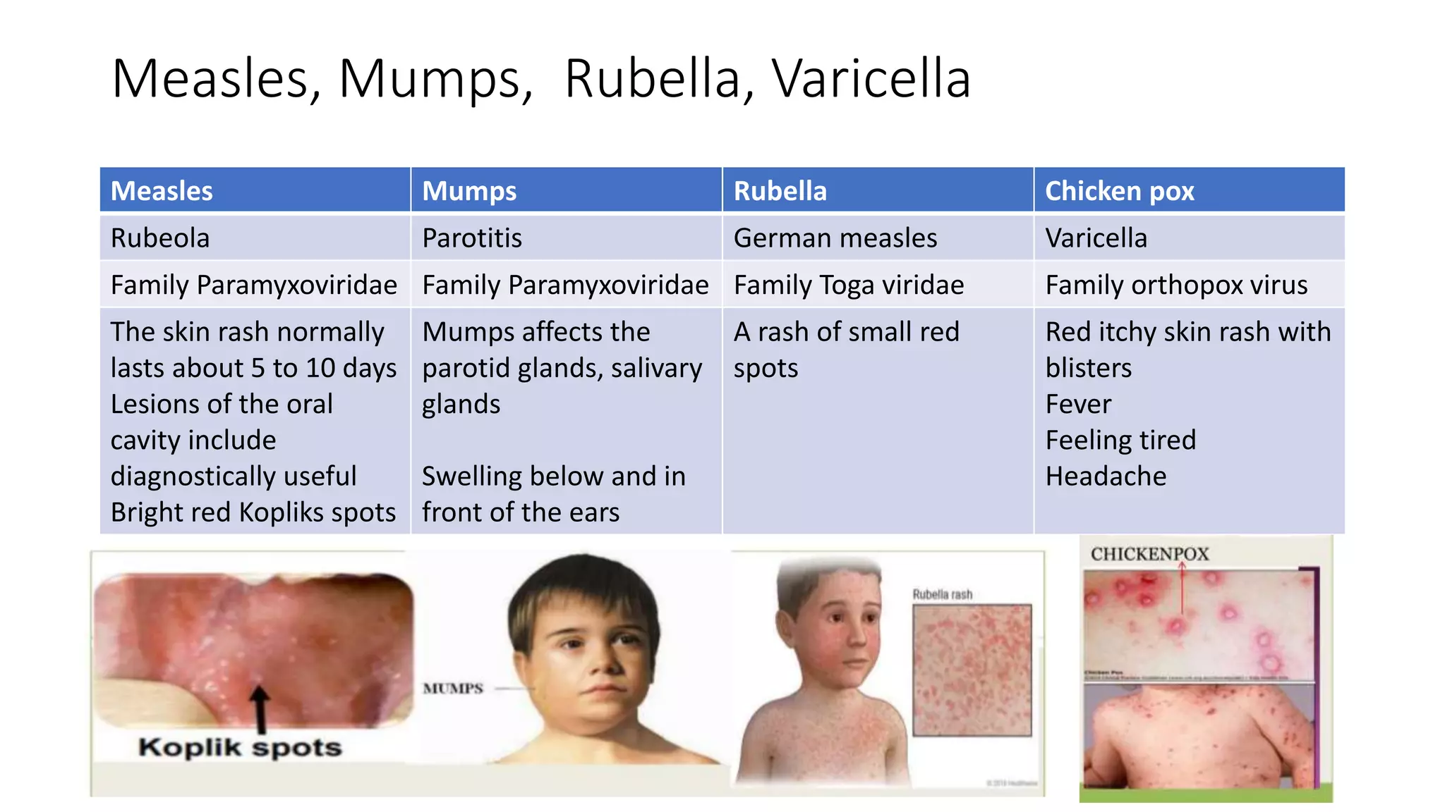 Measles, Mumps, Rubella, Varicella
Measles Mumps Rubella Chicken pox
Rubeola Parotitis German measles Varicella
Family Paramyxoviridae Family Paramyxoviridae Family Toga viridae Family orthopox virus
The skin rash normally
lasts about 5 to 10 days
Lesions of the oral
cavity include
diagnostically useful
Bright red Kopliks spots
Mumps affects the
parotid glands, salivary
glands
Swelling below and in
front of the ears
A rash of small red
spots
Red itchy skin rash with
blisters
Fever
Feeling tired
Headache
 