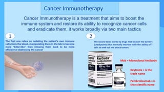 Cancer Immunotherapy
The first one relies on isolating the patient’s own immune
cells from the blood, manipulating them in the lab to become
more “killer-like” then infusing them back to be more
efficient at destroying the cancer
The second tactic works by drugs that weaken the barriers
(checkpoints) that normally interfere with the ability of T
cells to seek out and attack tumors
1 2
Mab = Monoclonal Antibody
Keytruda = is the
trade name
Pembrolizumab = is
the scientific name
 