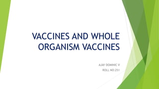 VACCINES AND WHOLE
ORGANISM VACCINES
AJAY DOMINIC V
ROLL NO:251
 