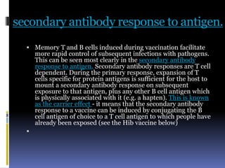 secondary antibody response to antigen.
 Memory T and B cells induced during vaccination facilitate
more rapid control of subsequent infections with pathogens.
This can be seen most clearly in the secondary antibody
response to antigen. Secondary antibody responses are T cell
dependent. During the primary response, expansion of T
cells specific for protein antigens is sufficient for the host to
mount a secondary antibody response on subsequent
exposure to that antigen, plus any other B cell antigen which
is physically associated with it (e.g. a hapten). This is known
as the carrier effect - it means that the secondary antibody
response to a vaccine can be induced by conjugating the B
cell antigen of choice to a T cell antigen to which people have
already been exposed (see the Hib vaccine below)

 