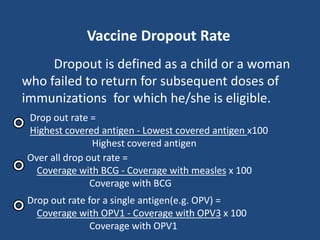 Vaccine Dropout Rate
Dropout is defined as a child or a woman
who failed to return for subsequent doses of
immunizations for which he/she is eligible.
Drop out rate =
Highest covered antigen - Lowest covered antigen x100
Highest covered antigen
Over all drop out rate =
Coverage with BCG - Coverage with measles x 100
Coverage with BCG
Drop out rate for a single antigen(e.g. OPV) =
Coverage with OPV1 - Coverage with OPV3 x 100
Coverage with OPV1
 