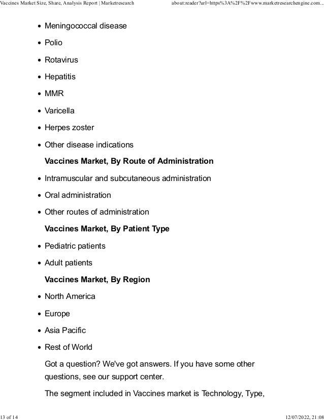 • Meningococcal disease
• Polio
• Rotavirus
• Hepatitis
• MMR
• Varicella
• Herpes zoster
• Other disease indications
Vaccines Market, By Route of Administration
• Intramuscular and subcutaneous administration
• Oral administration
• Other routes of administration
Vaccines Market, By Patient Type
• Pediatric patients
• Adult patients
Vaccines Market, By Region
• North America
• Europe
• Asia Pacific
• Rest of World
Got a question? We've got answers. If you have some other
questions, see our support center.
The segment included in Vaccines market is Technology, Type,
Vaccines Market Size, Share, Analysis Report | Marketresearch about:reader?url=https%3A%2F%2Fwww.marketresearchengine.com...
13 of 14 12/07/2022, 21:08
 