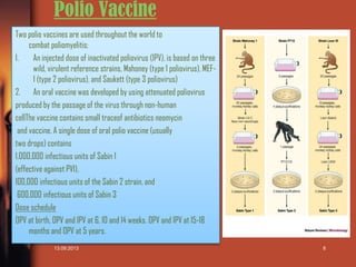 Polio Vaccine
Two polio vaccines are used throughout the world to
combat poliomyelitis;
1.
An injected dose of inactivated poliovirus (IPV), is based on three
wild, virulent reference strains, Mahoney (type 1 poliovirus), MEF1 (type 2 poliovirus), and Saukett (type 3 poliovirus)
2. An oral vaccine was developed by using attenuated poliovirus
produced by the passage of the virus through non-human
cellThe vaccine contains small traceof antibiotics neomycin
and vaccine. A single dose of oral polio vaccine (usually
two drops) contains
1,000,000 infectious units of Sabin 1
(effective against PV1),
100,000 infectious units of the Sabin 2 strain, and
600,000 infectious units of Sabin 3
Dose schedule
OPV at birth, OPV and IPV at 6, 10 and 14 weeks. OPV and IPV at 15-18
months and OPV at 5 years.
13.09.2013

8

 