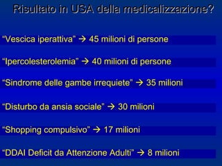 Risultato in USA della medicalizzazione?Risultato in USA della medicalizzazione?
“Shopping compulsivo”  17 milioni
“Sindrome delle gambe irrequiete”  35 milioni
“DDAI Deficit da Attenzione Adulti”  8 milioni
“Disturbo da ansia sociale”  30 milioni
“Ipercolesterolemia”  40 milioni di persone
“Vescica iperattiva”  45 milioni di persone
 