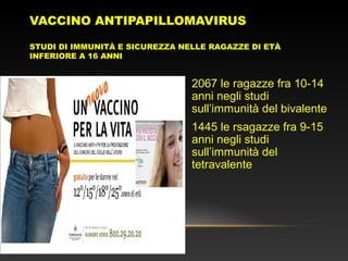 VACCINO ANTIPAPILLOMAVIRUS
STUDI DI IMMUNITÀ E SICUREZZA NELLE RAGAZZE DI ETÀ
INFERIORE A 16 ANNI
• 2067 le ragazze fra 10-14
anni negli studi
sull’immunità del bivalente
• 1445 le rsagazze fra 9-15
anni negli studi
sull’immunità del
tetravalente
 