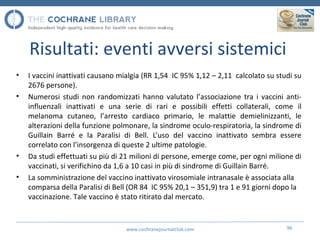 Risultati: eventi avversi sistemici
• I vaccini inattivati causano mialgia (RR 1,54 IC 95% 1,12 – 2,11 calcolato su studi su
2676 persone).
• Numerosi studi non randomizzati hanno valutato l’associazione tra i vaccini anti-
influenzali inattivati e una serie di rari e possibili effetti collaterali, come il
melanoma cutaneo, l’arresto cardiaco primario, le malattie demielinizzanti, le
alterazioni della funzione polmonare, la sindrome oculo-respiratoria, la sindrome di
Guillain Barré e la Paralisi di Bell. L’uso del vaccino inattivato sembra essere
correlato con l’insorgenza di queste 2 ultime patologie.
• Da studi effettuati su più di 21 milioni di persone, emerge come, per ogni milione di
vaccinati, si verifichino da 1,6 a 10 casi in più di sindrome di Guillain Barré.
• La somministrazione del vaccino inattivato virosomiale intranasale è associata alla
comparsa della Paralisi di Bell (OR 84 IC 95% 20,1 – 351,9) tra 1 e 91 giorni dopo la
vaccinazione. Tale vaccino è stato ritirato dal mercato.
www.cochranejournalclub.com 96
 